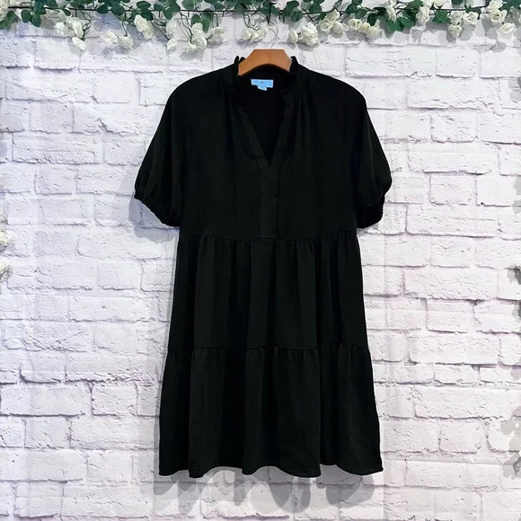 CeCe Black Split‎ V Neck Tiered Short Sleeve Dress Size Small - Picture 2 of 10